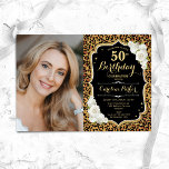 Leopard Print Black Gold Photo 50th Birthday Invitation<br><div class="desc">Elegant floral feminine 50th birthday invitation with your photo. Glam black design with faux glitter gold. Features animal leopard print, white roses, script font and confetti. Perfect for a stylish adult bday celebration party. Personalise with your own details. Can be customised for any age! Printed Zazzle invitations or instant download...</div>