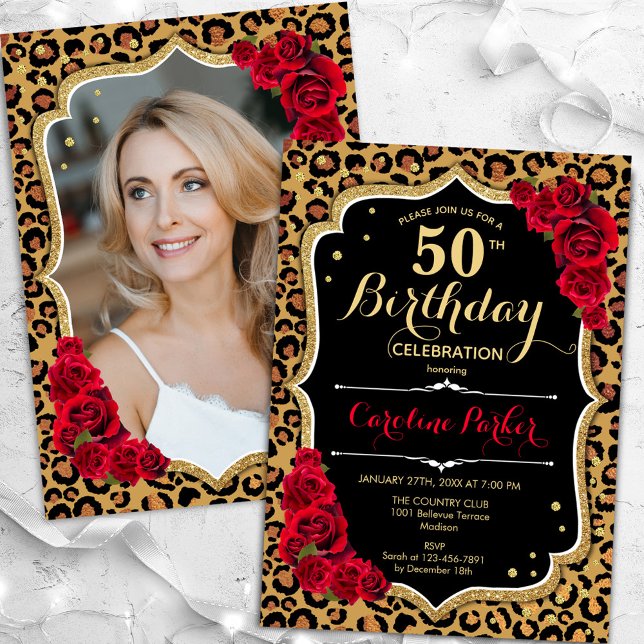 Leopard Print Black Gold Photo 50th Birthday Invitation (Creator Uploaded)