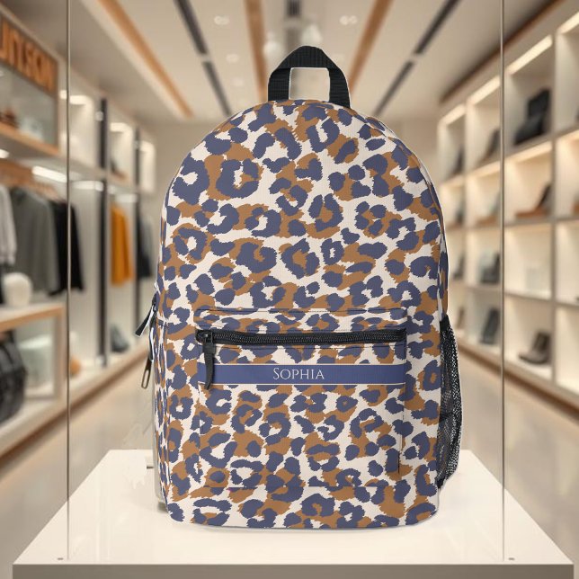 Leopard Print-Blue and Brown- Printed Backpack (Leopard print backpack-blue and brown-personalized)