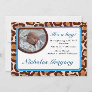 Leopard Print Blue Birth Announcements