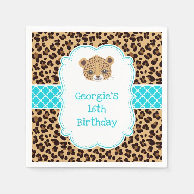 Leopard Print Blue Quatrefoil Birthday Party Napkin (Front)