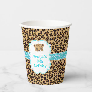 Leopard Print Blue Quatrefoil Birthday Party Paper Cups