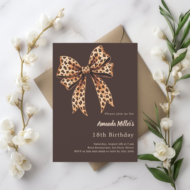 Leopard print bow bistre brown birthday invitation (Creator Uploaded)