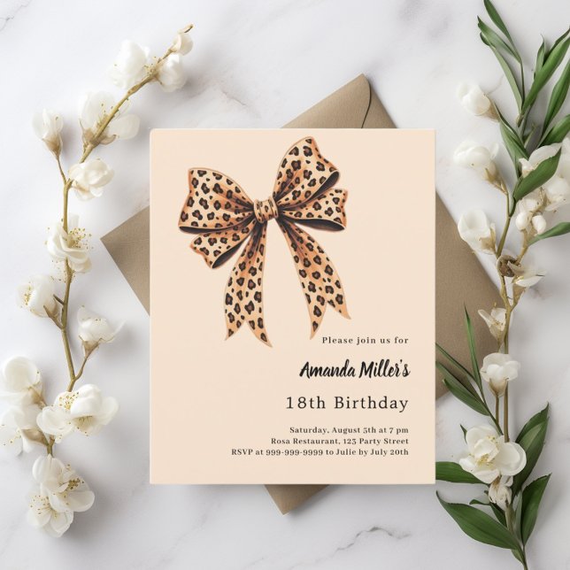 Leopard print bow brown beige birthday invitation (Creator Uploaded)