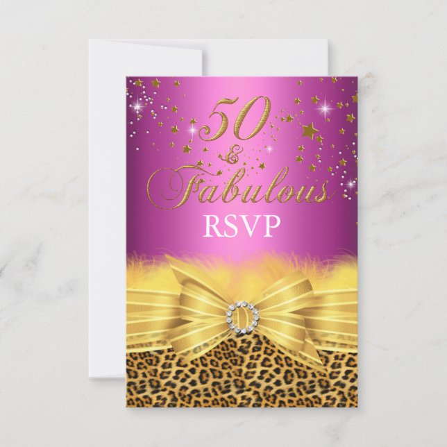 Leopard Print & Bow Pink 50 & Fabulous RSVP Invitation (Front)