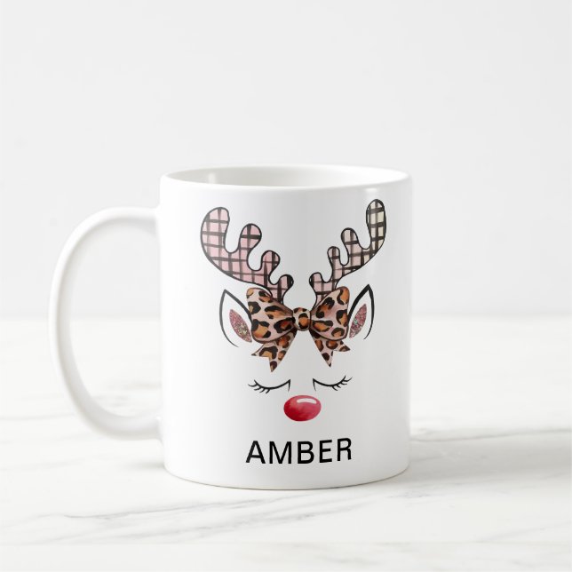 Leopard Print Bow Plaid Antlers Reindeer Coffee Mug (Left)