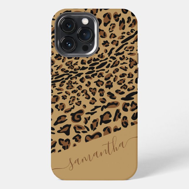 Leopard Print Brown Black Elegant Script Name iPhone Case (Back)