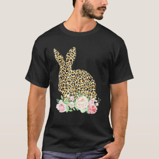 Leopard Print Bunny Flowers Girls Women Happy East T-Shirt