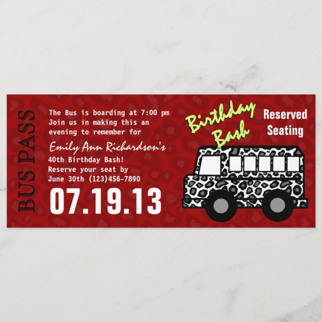 Leopard Print Bus Pass Birthday Party Programme (Front)