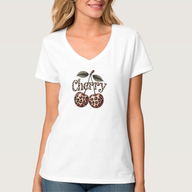 Leopard Print Cherry Illustration – Retro Fruit T-Shirt (Front)