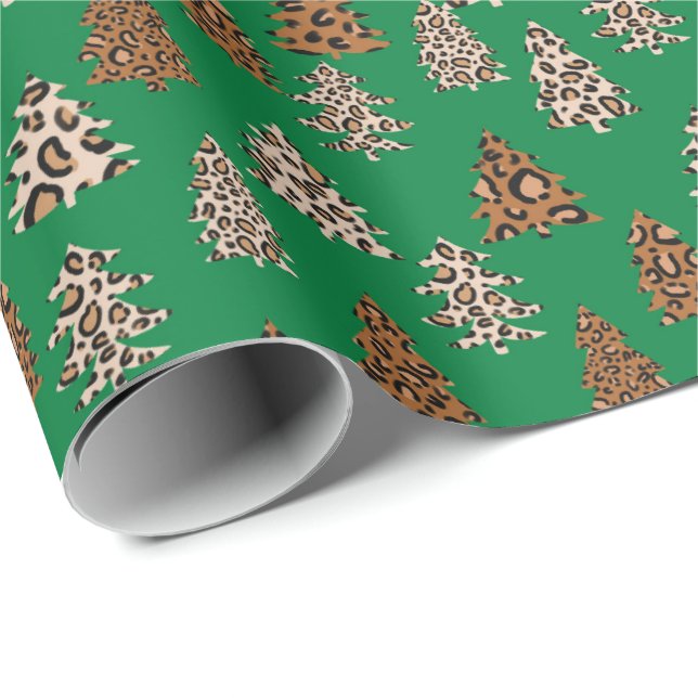 Leopard Print Christmas trees green Wrapping Paper (Roll Corner)