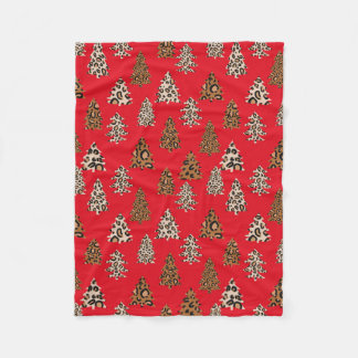 Leopard Print Christmas Trees Red Fleece Blanket