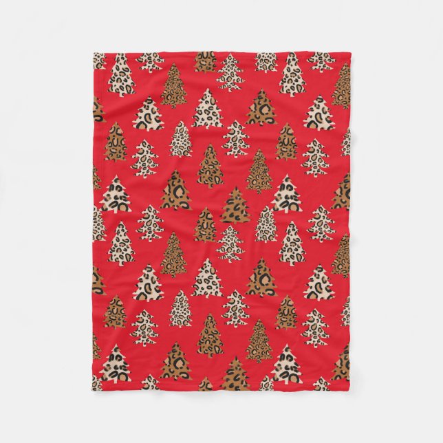 Leopard Print Christmas Trees Red Fleece Blanket (Front)