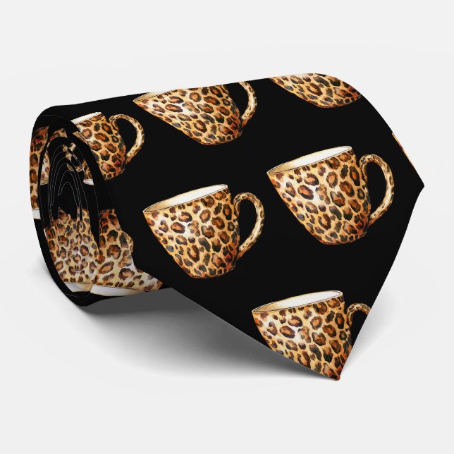 Leopard Print Coffee Cup Neck Tie (Rolled)