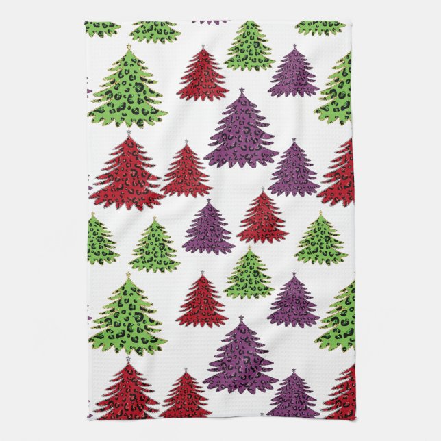 Leopard print colourful christmas trees tea towel (Vertical)