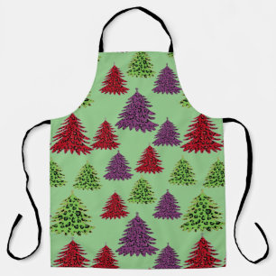Leopard Print Colourful Merry Christmas Trees  Apron