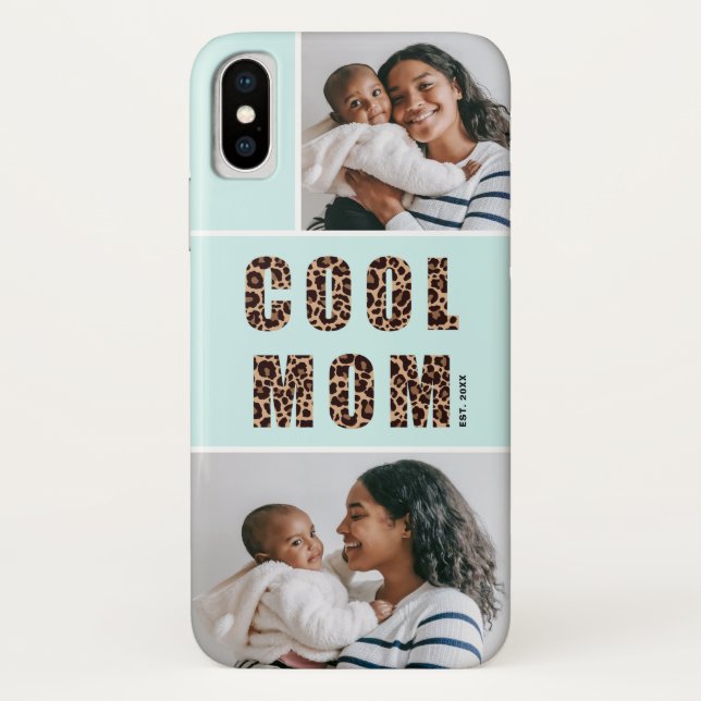 Leopard Print Cool Mum 2 Photo Collage Mint Case-Mate iPhone Case (Back)