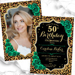 Leopard Print Emerald Green Photo 50th Birthday Invitation<br><div class="desc">Elegant 50th birthday invitation with your photo at the back of the card. Glam black green design with an animal leopard print and faux glitter gold. Features emerald green roses, script font and confetti. Perfect for a stylish adult bday celebration party. Personalise with your own details. Can be customised for...</div>