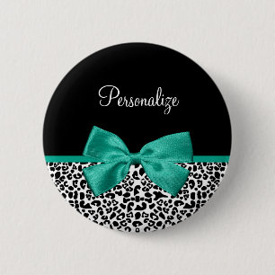 Leopard Print Emerald Green Ribbon Bow Chic Name 6 Cm Round Badge