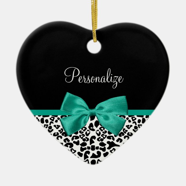Leopard Print Emerald Green Ribbon Bow Chic Name Ceramic Tree Decoration (Front)