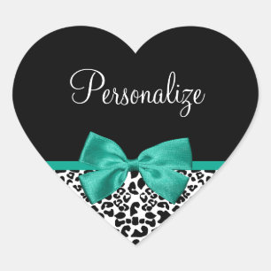 Leopard Print Emerald Green Ribbon Bow Chic Name Heart Sticker