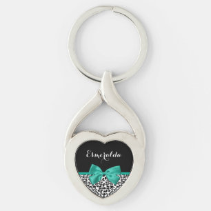 Leopard Print Emerald Green Ribbon Bow Chic Name Key Ring