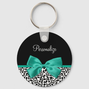 Leopard Print Emerald Green Ribbon Bow Chic Name Key Ring
