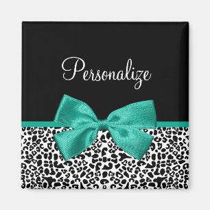 Leopard Print Emerald Green Ribbon Bow Chic Name Magnet