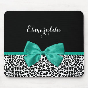 Leopard Print Emerald Green Ribbon Bow Chic Name Mouse Pad