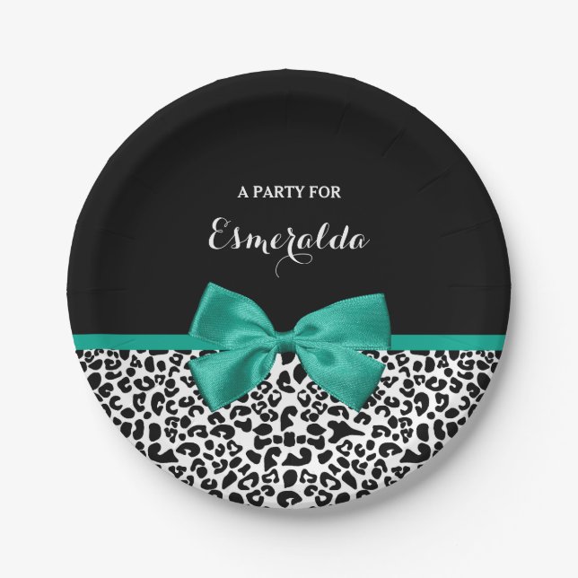 Leopard Print Emerald Green Ribbon Bow Chic Name Paper Plate (Front)