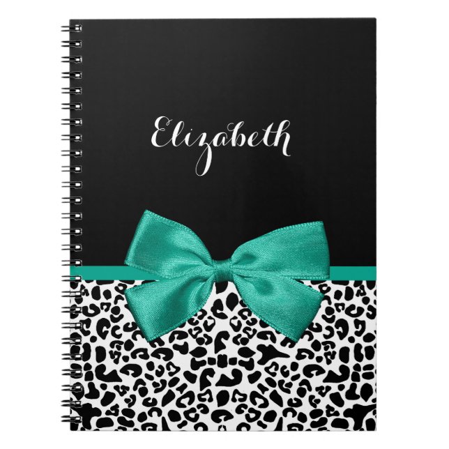 Leopard Print Emerald Green Ribbon Bow Chic Name Spiral Notebook (Front)