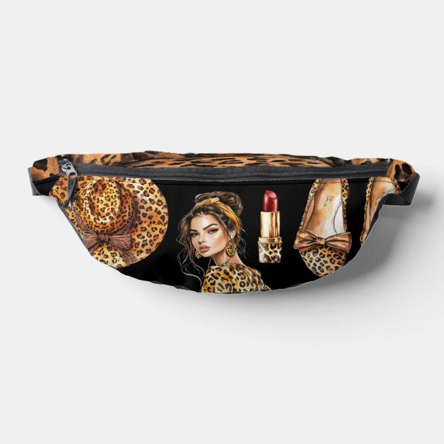 Leopard Print Fashion Black Background Bum Bags (Lay Down)
