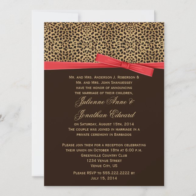 Leopard Print FAUX Red Ribbon Post Wedding Invitation (Front)