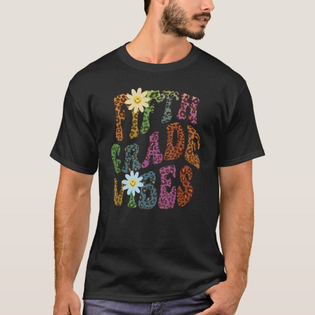 Leopard Print FIFTH GRADE VIBES Teacher Peace Love T-Shirt (Front)