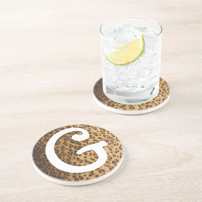 Leopard Print G monogram initials Coaster (Side)