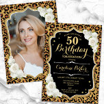 Leopard Print Gold Black Photo 50th Birthday Invitation<br><div class="desc">Elegant 50th birthday invitation with your photo at the back of the card. Glam black white design with an animal leopard print and faux glitter gold. Features white roses, script font and confetti. Perfect for a stylish adult bday celebration party. Personalise with your own details. Can be customised for any...</div>