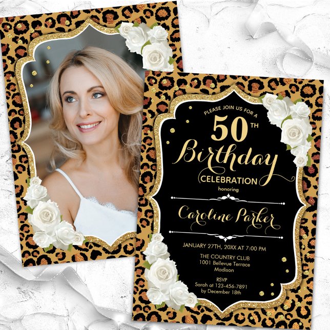 Leopard Print Gold Black Photo 50th Birthday Invitation (Creator Uploaded)