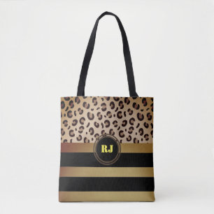 Leopard Print Gold Black Strips Two Tone Monogram Tote Bag