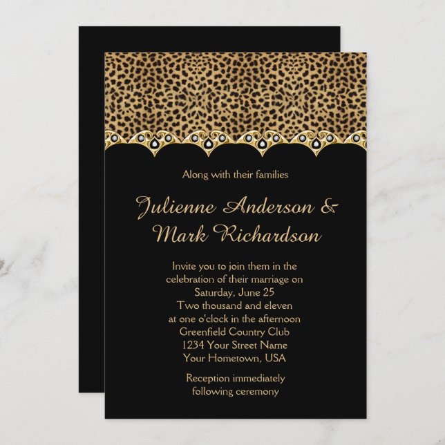 Leopard Print Gold Diamonds Bling Wedding Invitation (Front/Back)