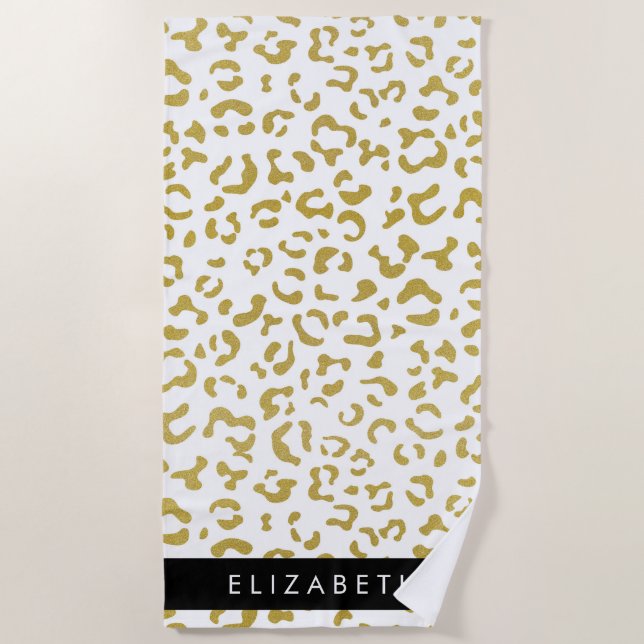 Leopard Print, Gold Leopard, Glitter, Your Name Beach Towel (Front)