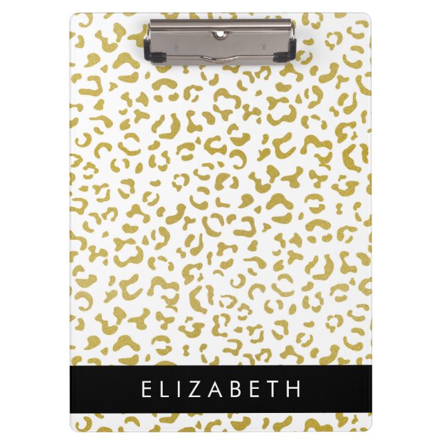 Leopard Print, Gold Leopard, Glitter, Your Name Clipboard (Front)