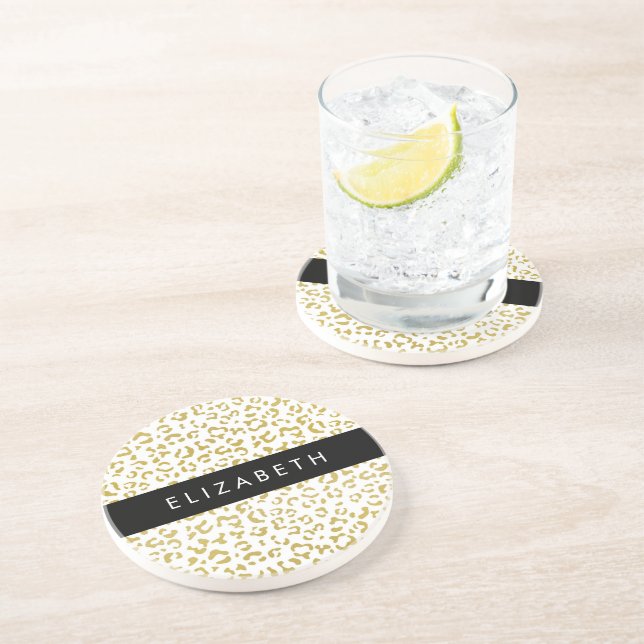 Leopard Print, Gold Leopard, Glitter, Your Name Coaster (Side)