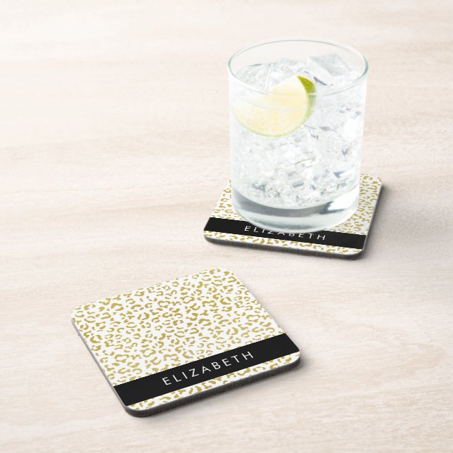 Leopard Print, Gold Leopard, Glitter, Your Name Coaster (Right Side)