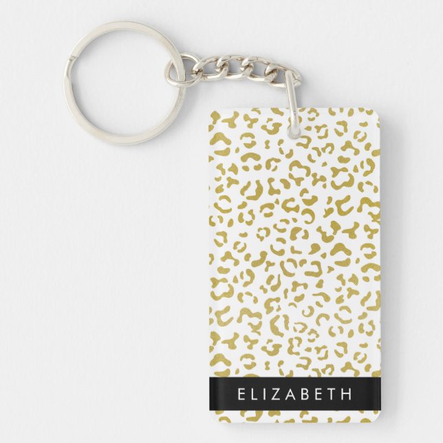 Leopard Print, Gold Leopard, Glitter, Your Name Key Ring (Front)