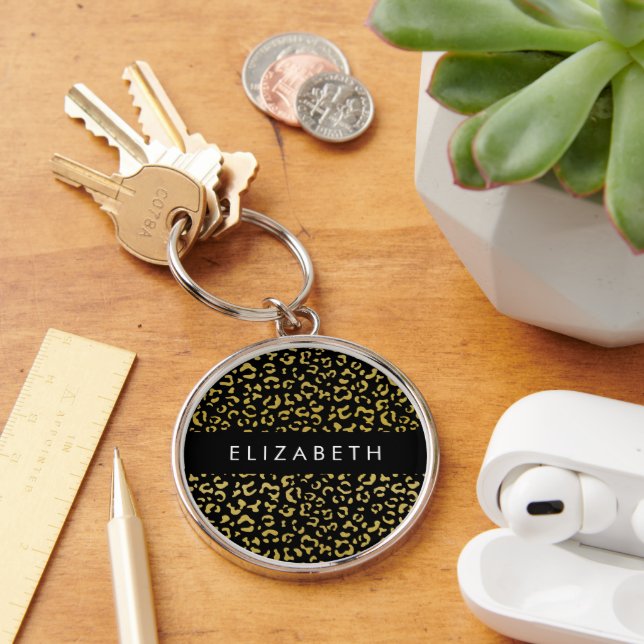Leopard Print, Gold Leopard, Glitter, Your Name Key Ring (Desk)