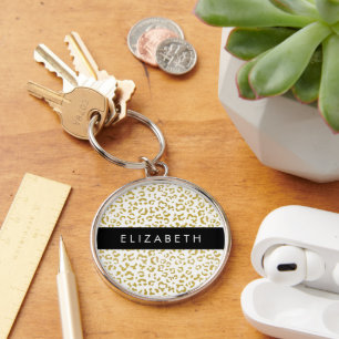 Leopard Print, Gold Leopard, Glitter, Your Name Key Ring