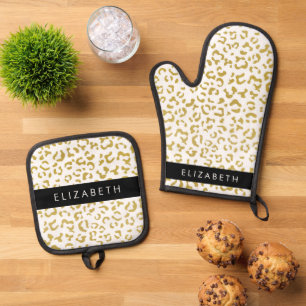 Leopard Print, Gold Leopard, Glitter, Your Name Oven Mitt & Pot Holder Set