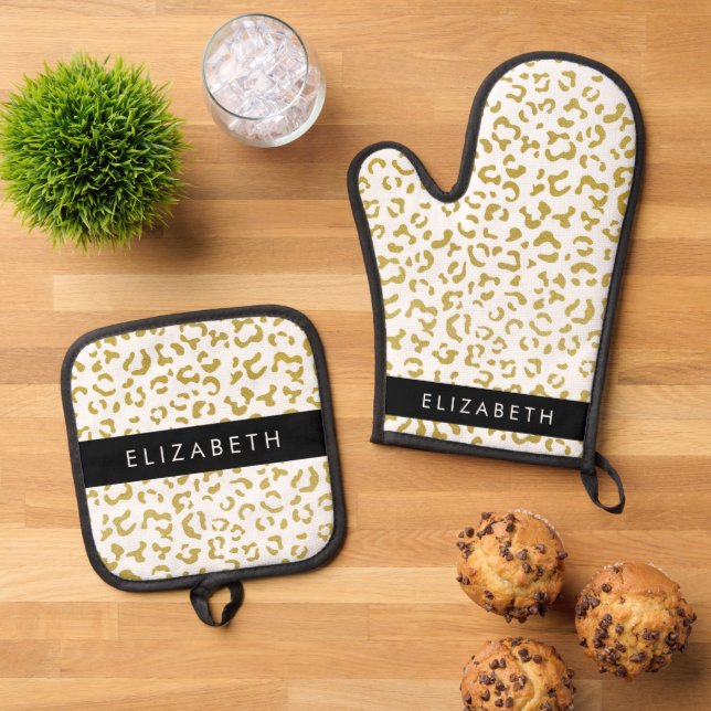 Leopard Print, Gold Leopard, Glitter, Your Name Oven Mitt & Pot Holder Set (Top Down)