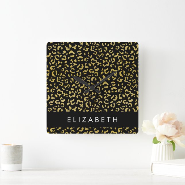 Leopard Print, Gold Leopard, Glitter, Your Name Square Wall Clock (Home)