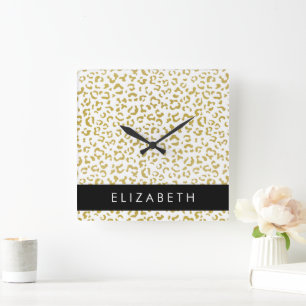 Leopard Print, Gold Leopard, Glitter, Your Name Square Wall Clock